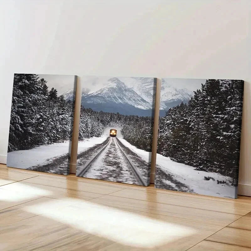 3pcs Snow Scene Steam Train Modern Vehicle Wall Art Set Canvas Framed 60x90cm - High Quality Print 100% Australian Made Wall Canvas Ready to Hang - Bella Home Decor