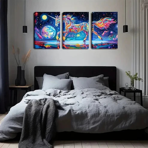 3pcs Celestial Horse Design Wall Art Set Canvas Unframed - High Quality Print 100% Australian Made Wall Canvas - Bella Home Decor