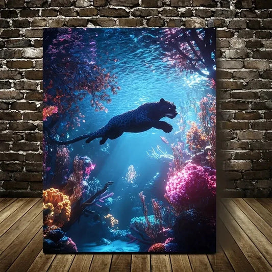 Hyper Realistic Panther Swinging in Coral Painting 40x60cm Metal Print Ready to Hang - Bella Home Decor