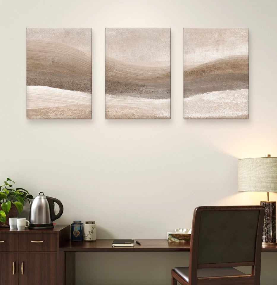 3pcs Neutral Beige Abstract Textured Waves Wall Art Set Canvas Framed 50x70cm - High Quality Print 100% Australian Made Wall Canvas Ready to Hang