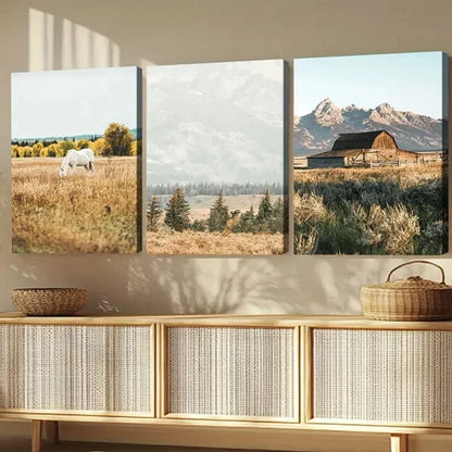 3pcs Farmhouse Large Nature White Horse Mountain Wall Art Canvas Unframed - High Quality Print 100% Australian Made Wall Canvas