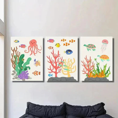 3pcs Colorful Sea Creatures in Ocean Ecosystem Wall Art Canvas Unframed – High Quality Print 100% Australian Made Wall Canvas - Bella Home Decor