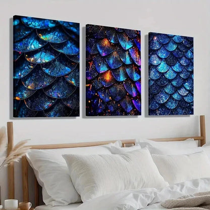 3pcs Blue Glitter Scalesc Décor Modern Perfect Wall Art Set Canvas Framed 60x90cm - High Quality Print 100% Australian Made Wall Canvas Ready to Hang - Bella Home Decor