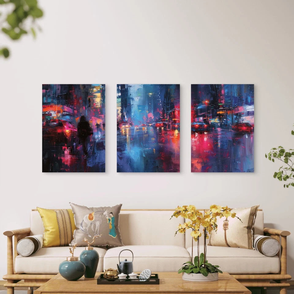 3pcs Neon Lights Reflection On Wet Streets Wall Art Set Canvas Framed 60x90cm - High Quality Print 100% Australian Made Wall Canvas Ready to Hang - Bella Home Decor