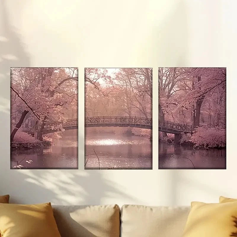 3pcs Bridge Over River Wall Art Set Canvas Framed 60x90cm - High Quality Print 100% Australian Made Wall Canvas Ready to Hang - Bella Home Decor