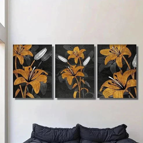 3pcs Modern Luxury Floral Golden Lily Wall Art Set Canvas Unframed - High Quality Print 100% Australian Made Wall Canvas