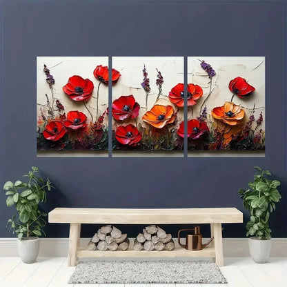 3pcs Red Poppies Light White Flower Perfect Wall Art Set Canvas Framed 40x60cm - High Quality Print 100% Australian Made Wall Canvas Ready to Hang - Bella Home Decor