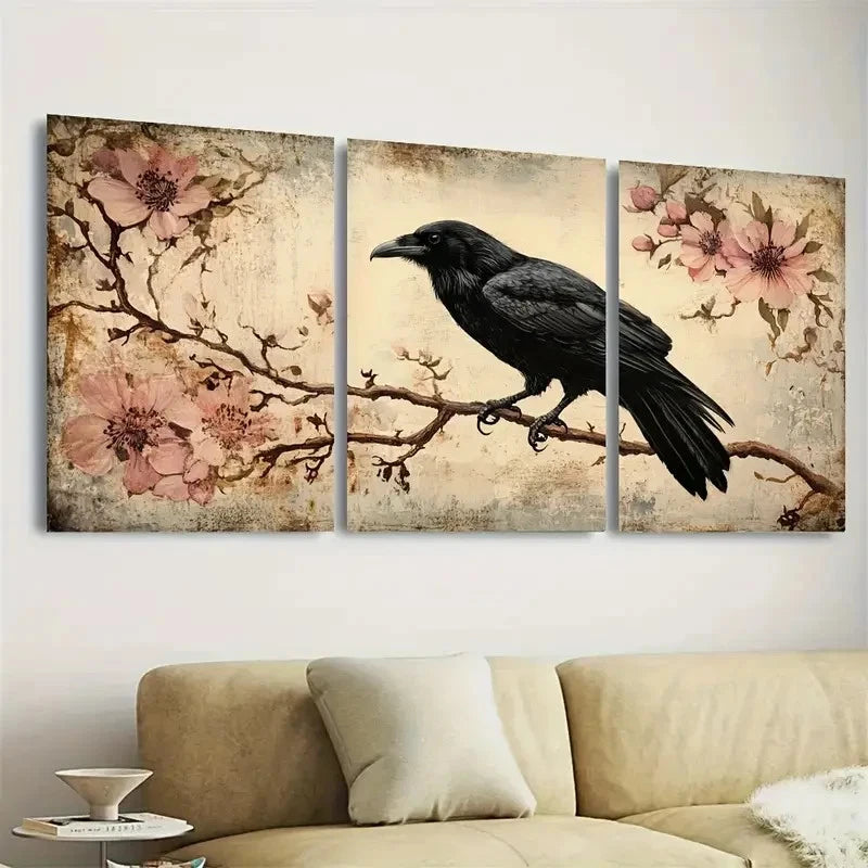 3pcs Dark Crow, Raven with Pink Flowers Wall Art Set Canvas Framed 60x90cm - High Quality Print 100% Australian Made Wall Canvas Ready to Hang - Bella Home Decor