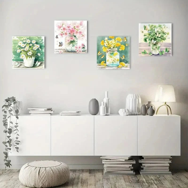 4pcs Daisies, Pink Flowers & Clover Wall Art Canvas Framed