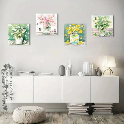 4pcs Daisies, Pink Flowers & Clover Wall Art Canvas Framed