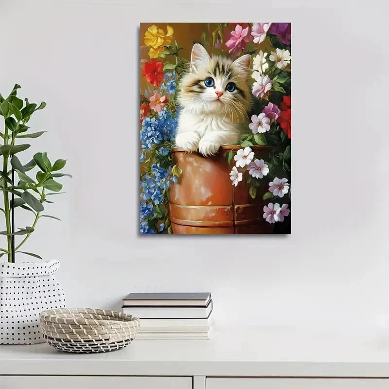 Adorable Persian Cat Kitten with Flowers Painting 40x60cm Metal Print Ready to Hang - Bella Home Decor