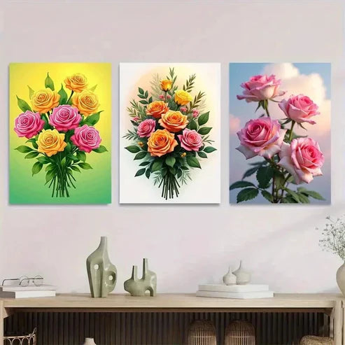 3pcs Vibrant Floral Bouquet Elegant Rose & Lily Wall Art Set Canvas Unframed - High Quality Print 100% Australian Made Wall Canvas