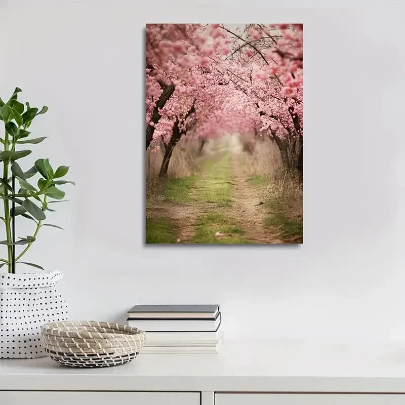 Serene Pathway with Blooming Sakura Trees Painting 40x60cm Metal Print Ready to Hang - Bella Home Decor