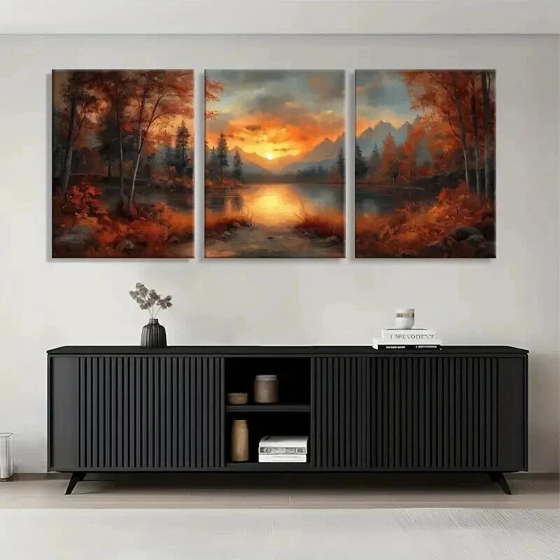 3pcs Sunset Lake Autumn Forest Orange Perfect Wall Art Set Canvas Framed 50x70cm - High Quality Print 100% Australian Made Wall Canvas Ready to Hang