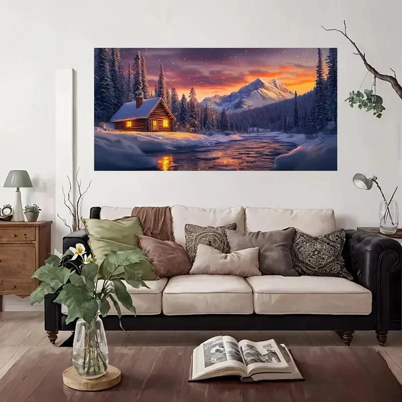 Cabin & Mountain Range Wall Art Canvas Office Home Room Framed 120x60cm