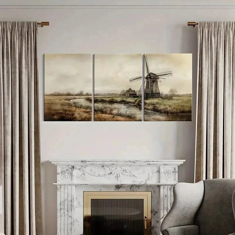 3pcs Windmill Landscape Artwork Rustic Farmhouse Wall Art Set Canvas Framed 60x90cm - High Quality Print 100% Australian Made Wall Canvas Ready to Hang - Bella Home Decor