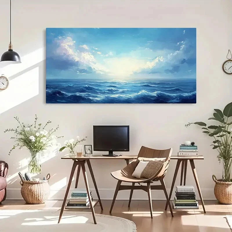 Ocean Waves Blue Sea Modern Wall Art Canvas Office Home Room Framed 120x60cm - Bella Home Decor