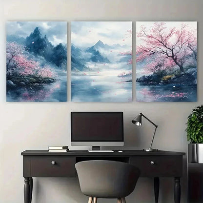 3pcs Landscape Misty River With Blooming Perfect Wall Art Set Canvas Framed 50x70cm - High Quality Print 100% Australian Made Wall Canvas Ready to Hang