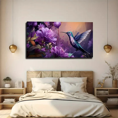 Hummingbird & Purple Flowers Wall Art Canvas Office Home Room Framed 120x60cm