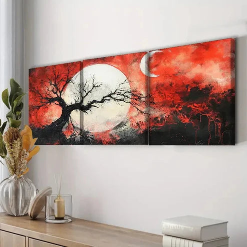3pcs Abstract Tree with White Moon Light Perfect Wall Art Set Canvas Unframed - High Quality Print 100% Australian Made Wall Canvas - Bella Home Decor