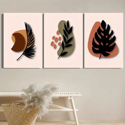 3pcs Decorative Abstract Bohemian Style Leaf Wall Art Canvas Unframed - High Quality Print 100% Australian Made Wall Canvas - Bella Home Decor