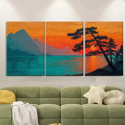 3pcs Sunset Mountain & Ocean Scenery with Trees Wall Art Set Canvas Framed 50x70cm – High Quality Print 100% Australian Made Wall Canvas Ready to Hang