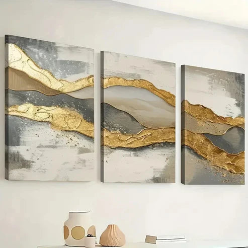 3pcs Featuring Luxurious Golden Abstract Perfect Wall Art Canvas Unframed - High Quality Print 100% Australian Made Wall Canvas