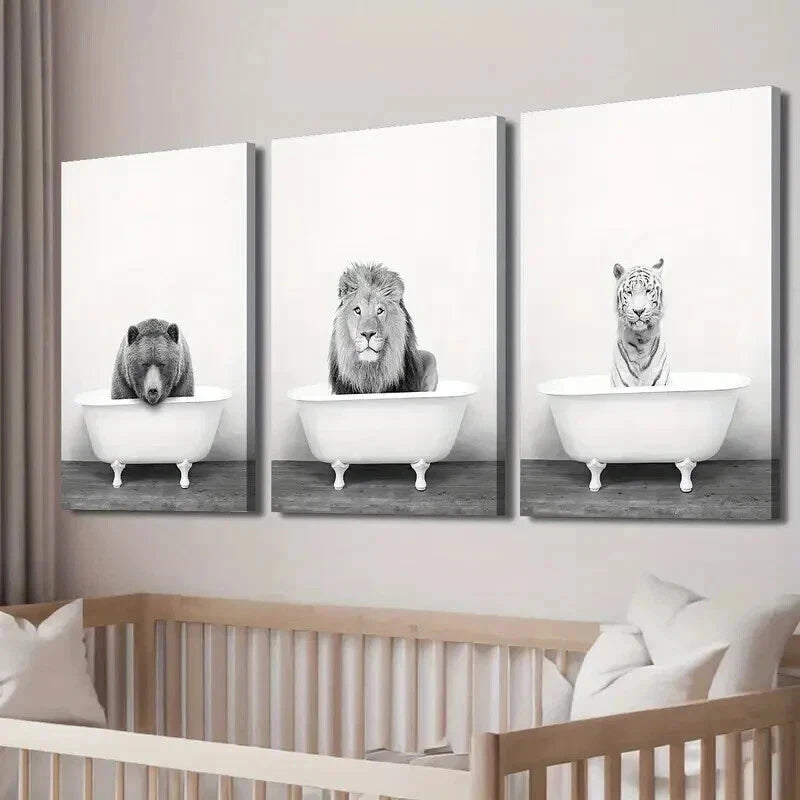 3pcs Vintage Black White Bear Lion Tiger Perfect Wall Art Set Canvas Framed 50x70cm - High Quality Print 100% Australian Made Wall Canvas Ready to Hang - Bella Home Decor