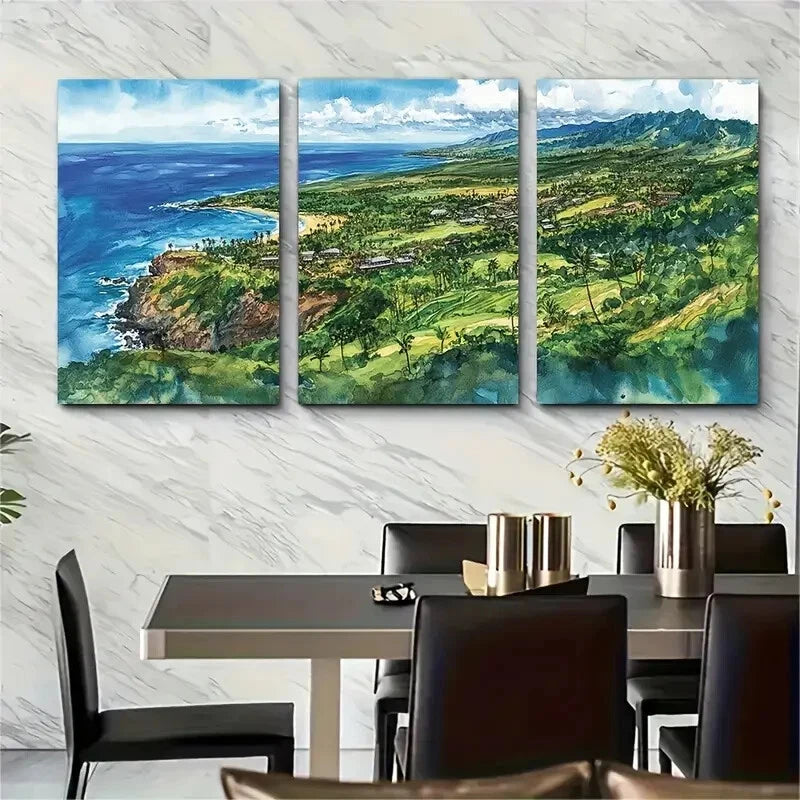 3pcs Tropical Beach Lush Greenery & Ocean Metal Print Ready to Hang Art - Bella Home Decor