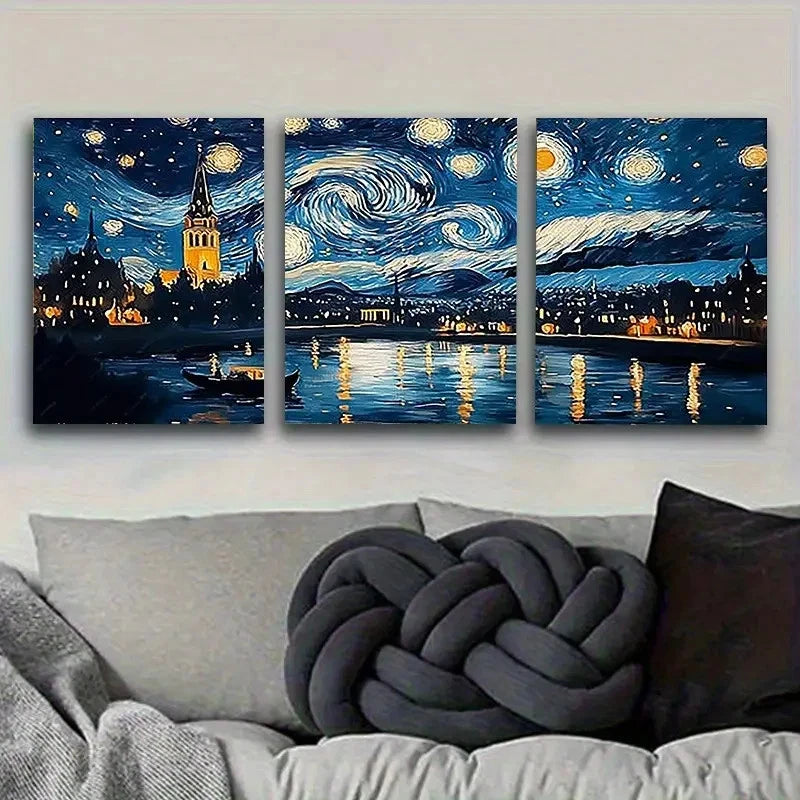 3pcs Van Gogh's Starry Night Tribute Vintage Wall Art Set Canvas Framed 40x60cm - High Quality Print 100% Australian Made Wall Canvas Ready to Hang - Bella Home Decor