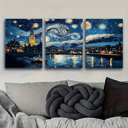 3pcs Van Gogh's Starry Night Tribute Vintage Wall Art Set Canvas Framed 40x60cm - High Quality Print 100% Australian Made Wall Canvas Ready to Hang - Bella Home Decor