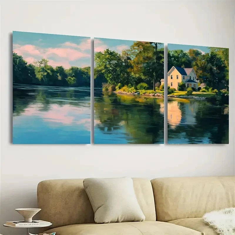3pcs Lake Winchester Connecticut, Lake Wall Art Set Canvas Framed 40x60cm - High Quality Print 100% Australian Made Wall Canvas Ready to Hang - Bella Home Decor