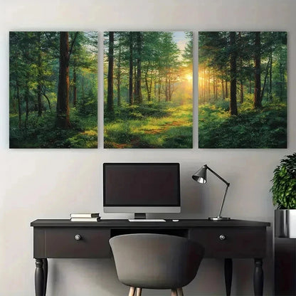 Three-panel forest painting above a desk with a computer setup.