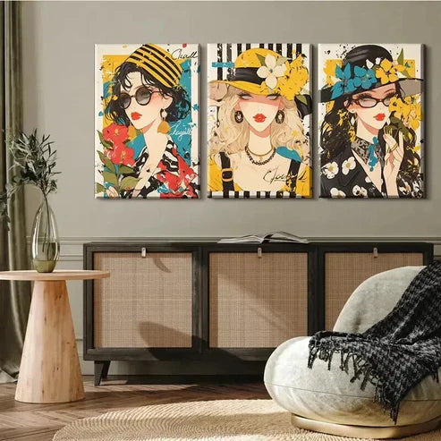 3pcs Women with Hats & Glasses Vibrant Wall Art Canvas Unframed - High Quality Print 100% Australian Made Wall Canvas