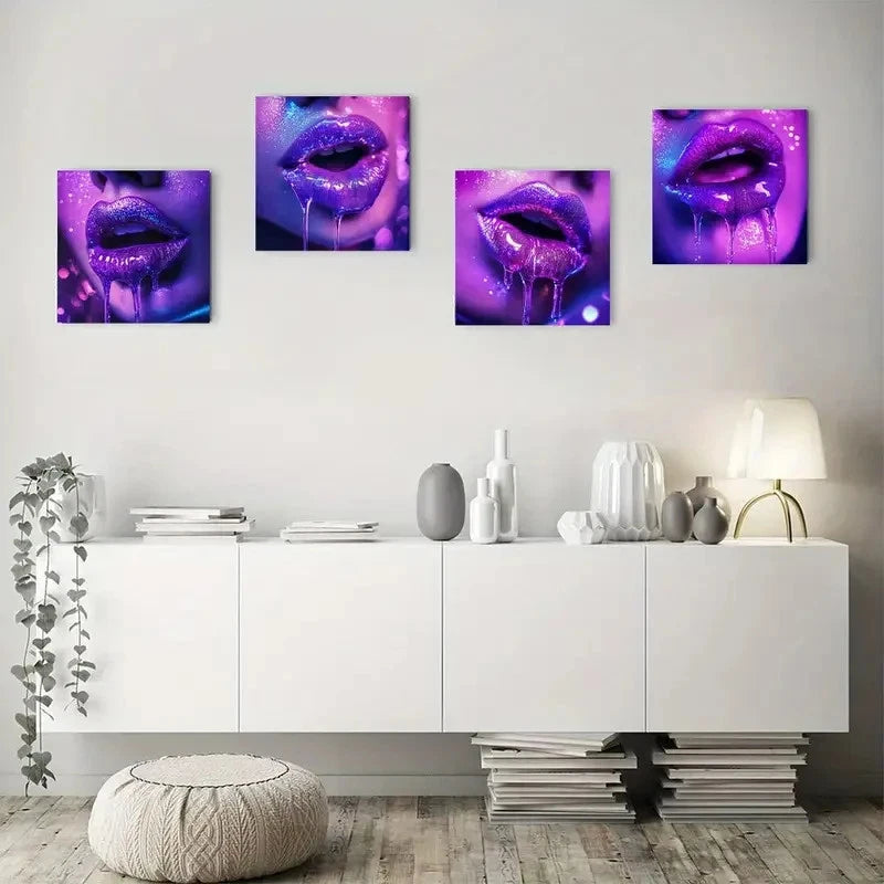4pcs Vibrant Purple Liquid LipWall Art Canvas Framed