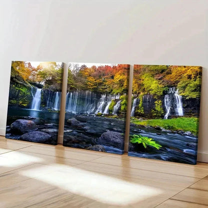 3pcs Vibrant Autumn Waterfall Landscape Wall Art Set Canvas Framed 60x90cm - High Quality Print 100% Australian Made Wall Canvas Ready to Hang - Bella Home Decor