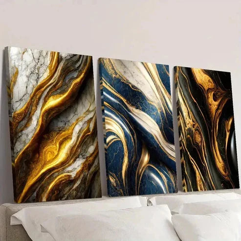 3pcs Gold White Marble Gilt Textured Lines Wall  Art Set Canvas Unframed - High Quality Print 100% Australian Made Wall Canvas - Bella Home Decor