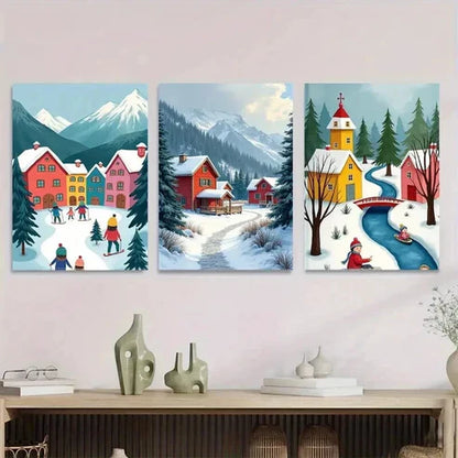 3pcs Village Triptych Vibrant Snowy Mountain Wall Art Set Canvas Unframed - High Quality Print 100% Australian Made Wall Canvas