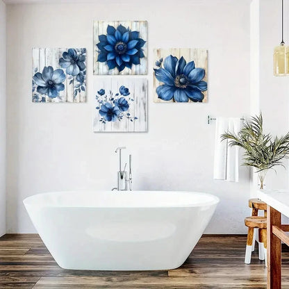 4pcs Blue Floral Watercolor Canvas Wall Art Canvas Framed