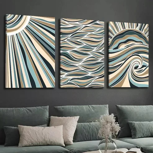 3pcs Wavy Ribbons in Blue Green and Beige Canvas Unframed - High Quality Print 100% Australian Made Wall Canvas