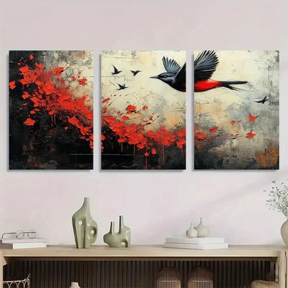 3pcs Black White And Red Birds Abstract Perfect Wall Art Set Canvas Unframed - High Quality Print 100% Australian Made Wall Canvas