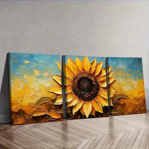3 PCS Sunflower Canvas In Yellow Background Wall Art Set Canvas Unframed - High Quality Print 100% Australian Made Wall Canvas