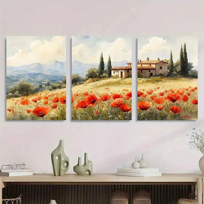 3pcs Tuscany Poppy Cottage Countryside Perfect Wall Art Set Canvas Framed 60x90cm - High Quality Print 100% Australian Made Wall Canvas Ready to Hang - Bella Home Decor