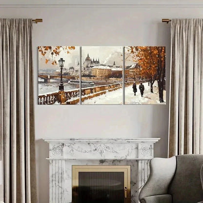 3pcs Snowy Cityscape with River & Autumn Leaves Wall Art Set Canvas Framed 60x90cm - High Quality Print 100% Australian Made Wall Canvas Ready to Hang - Bella Home Decor
