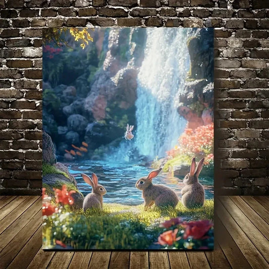 Fantasy Scene of Rabbits Playing Painting  40x60cm Metal Print Ready to Hang - Bella Home Decor
