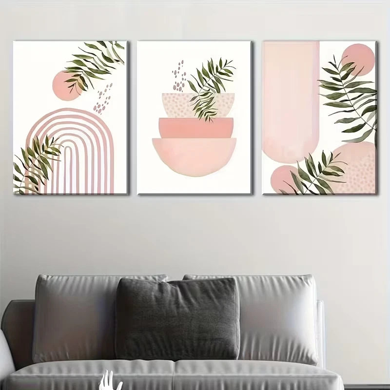3pcs Geometric Pattern In Pink Theme, Metal Print Ready to Hang Art - Bella Home Decor