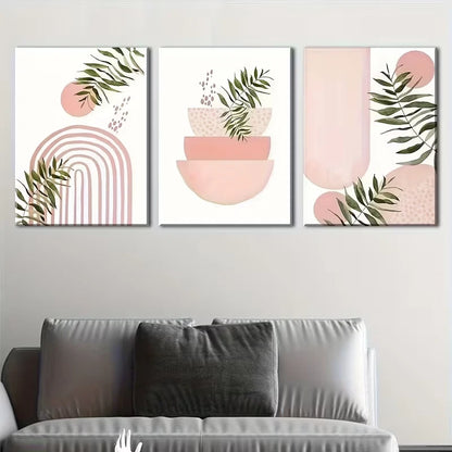 3pcs Geometric Pattern In Pink Theme, Metal Print Ready to Hang Art - Bella Home Decor