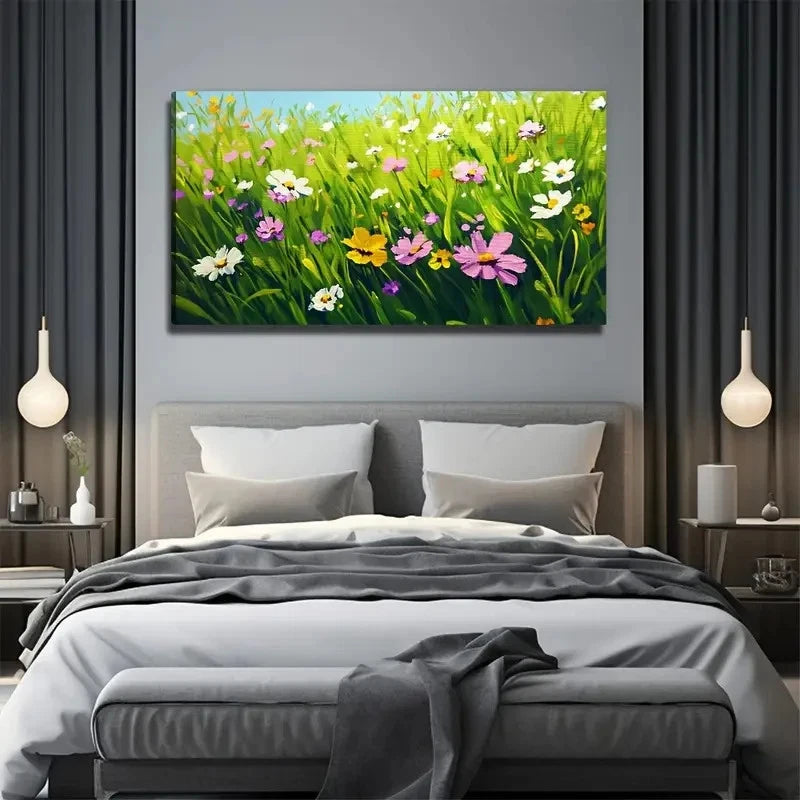 Small Flowers In The Grass Wall Art Canvas Office Home Room Framed 120x60cm
