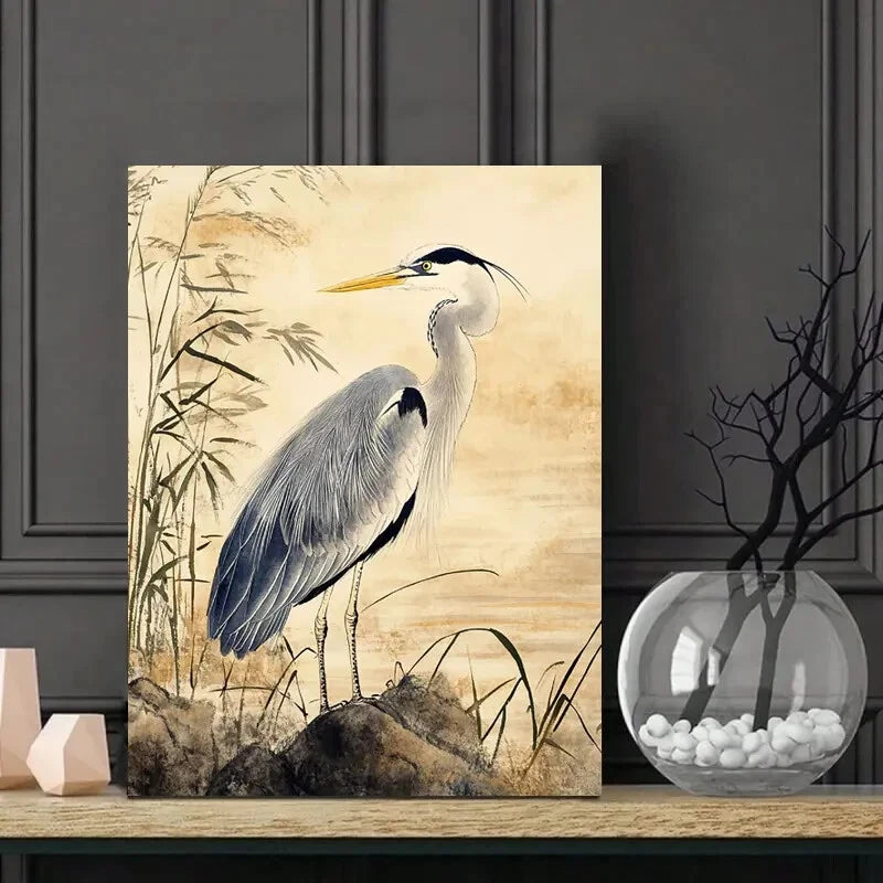 There Is an Elegant Gray Heron Standing on Grassy Rock 40x60cm Metal Print Ready to Hang