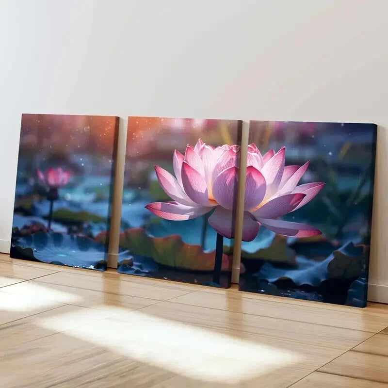 3pcs Fantasy Flower Beautiful Lotus Water Lily Wall Art Set Canvas Framed 50x70cm - High Quality Print 100% Australian Made Wall Canvas Ready to Hang - Bella Home Decor